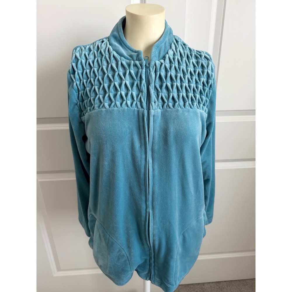 Cuddledown Teal Velour Lounge Jacket Smocked Quilted Yoke Grannycore Zip Up S